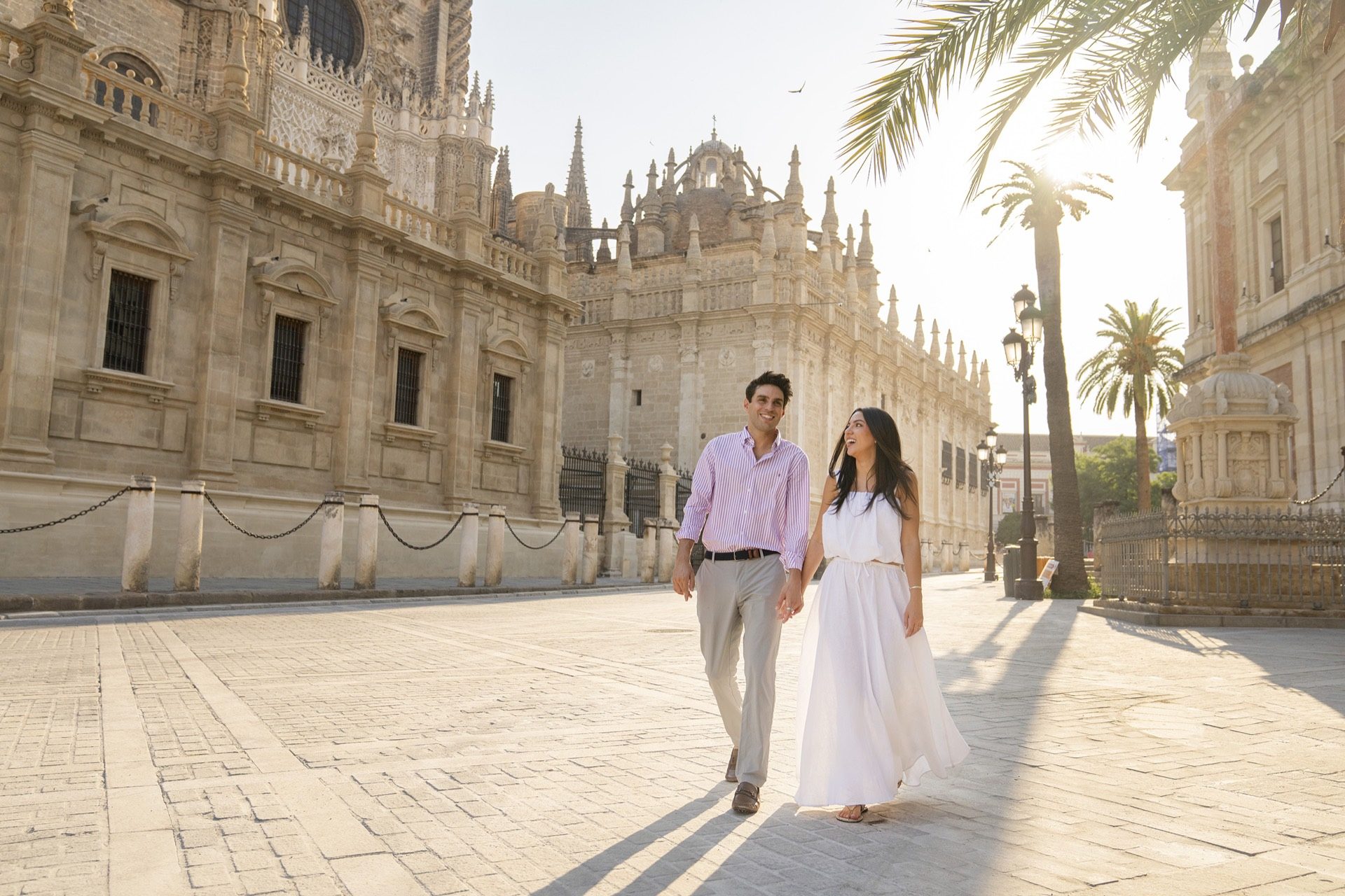 Engagement session at golden hour in Seville old town